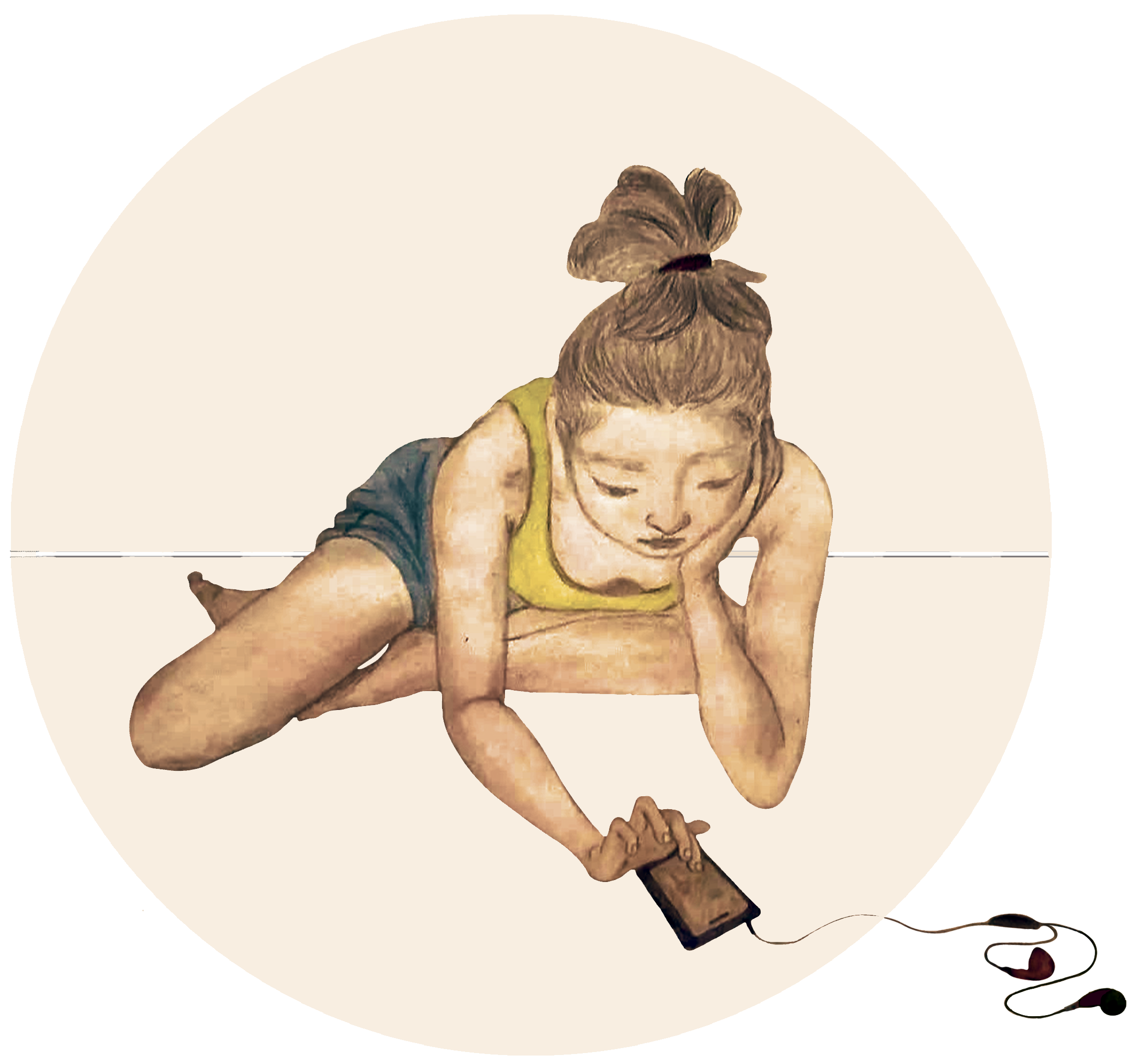 Ilustración a color que representa a una persona con el cabello recogido, sentada en el suelo consultando el móvil.