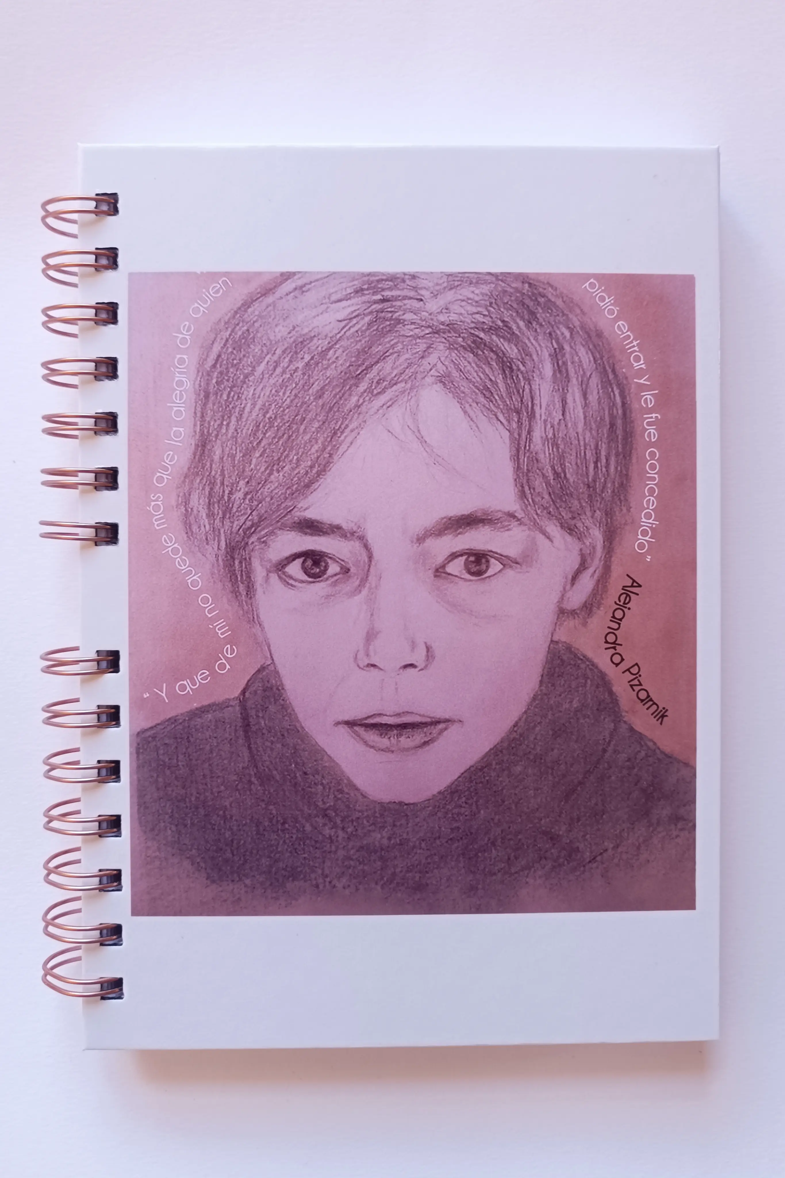 Libreta tamaño A5 de tapas duras beige con ilustración que representa la cara de Alejandra Pizarnik