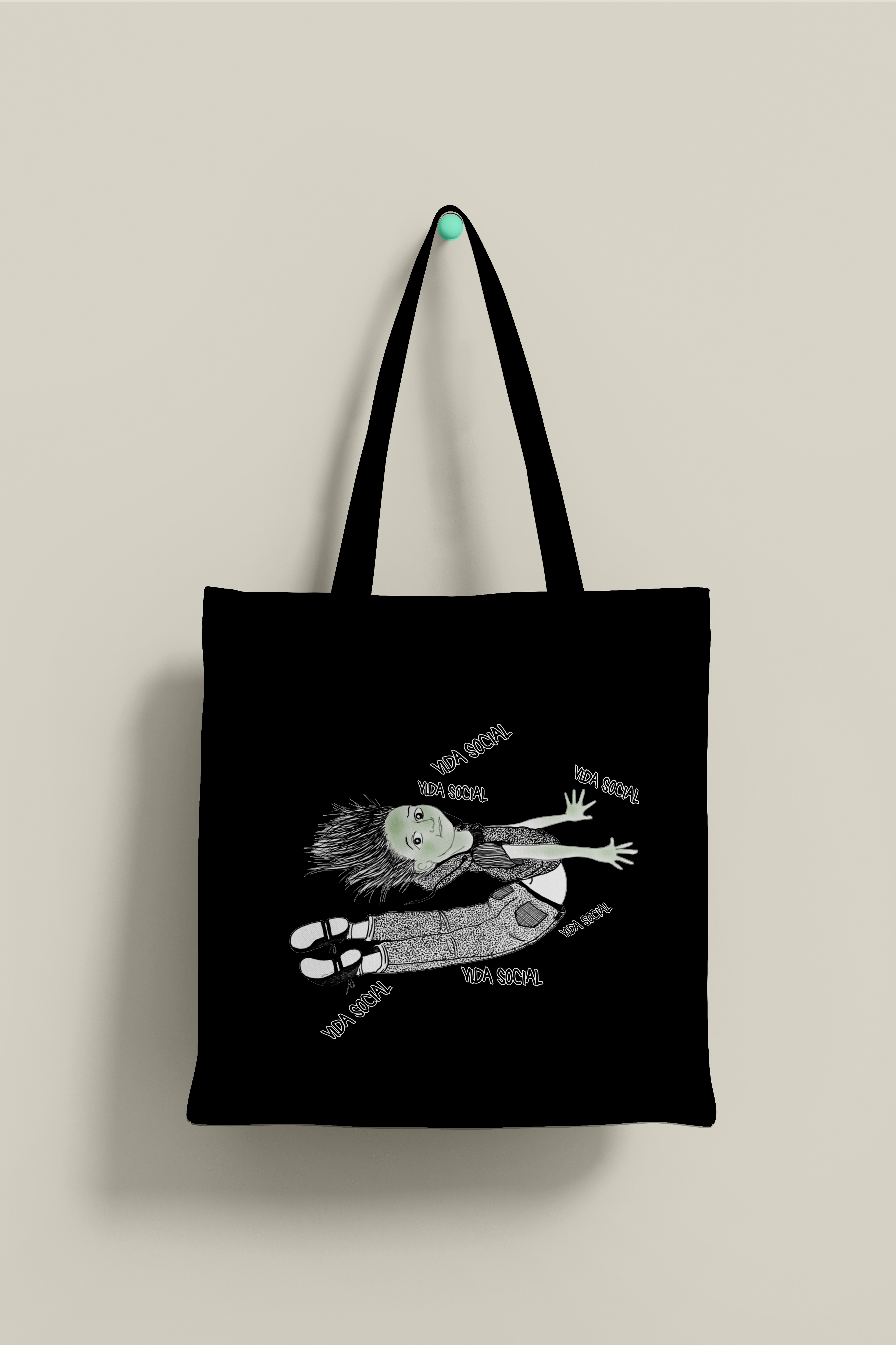 Bolsa de tela de color negro, con ilustración que representa a una persona huyendo de la vida social.